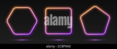 Neon gradient frames set, collection of orange-purple glowing borders. Bright illuminated shapes. Stock Vector