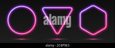 Neon gradient frames set, collection of purple-pink glowing borders. Bright illuminated shapes. Stock Vector