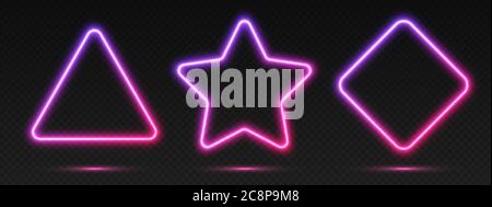Neon gradient frames set, collection of purple-pink glowing borders. Bright illuminated shapes. Stock Vector