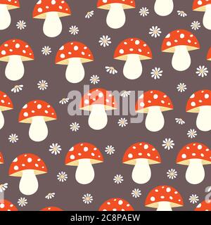 Seamless pattern with mushrooms and flowers. It can be used for wallpapers, cards, patterns for clothes and other. Stock Photo