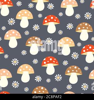 Seamless pattern with mushrooms and flowers. It can be used for wallpapers, cards, patterns for clothes and other. Stock Photo