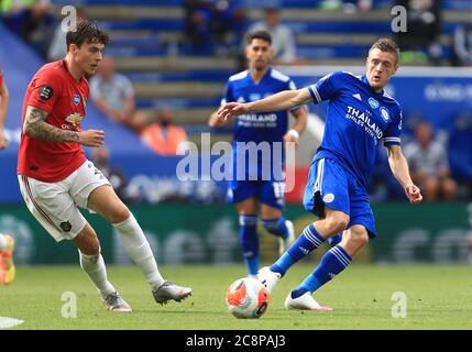 LEICESTER, UK. JUL 26TH Jamie Vardy of Leicester City and Victor Lindelof of Manchester United during the Premier League match between Leicester City and Manchester United at the King Power Stadium, Leicester on Sunday 26th July 2020. (Credit: Leila Coker | MI News) Credit: MI News & Sport /Alamy Live News Stock Photo