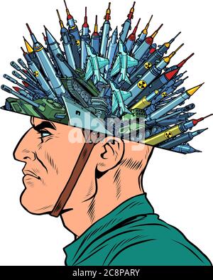 Militarism concept. A man with missiles and weapons Stock Vector