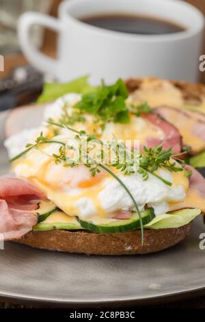 closeup of a cooked egg with coffee Stock Photo