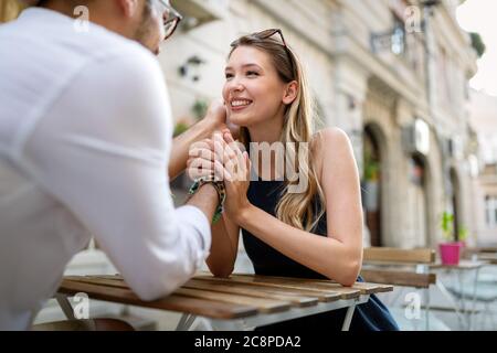 Romantic beauty portrait of happy hipster couple in love hugs and having fun Stock Photo