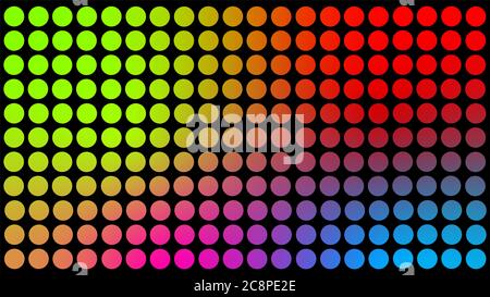 Neon colored circles on the black, large size background texture. Abstract art wallpaper. Contemporary art poster.
