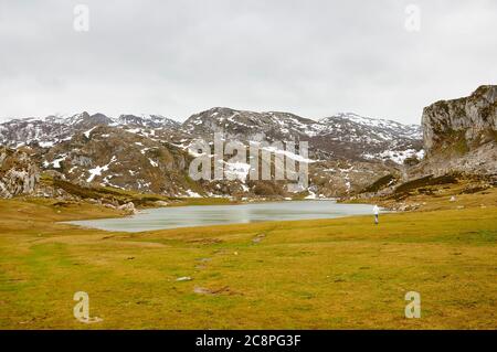 Hiker at Lago Ercina glacial lake in a cloudy day with snow in the surrounding peaks (Cangas de Onís, Picos de Europa National Park, Asturias, Spain) Stock Photo