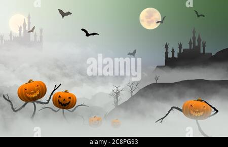 A fantasy Halloween illustration of pumpkin with stick arms in the clouds and two spooky castles in silhouette on hilltops, with a few bats and a full Stock Photo