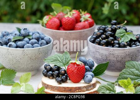 fresh mixed berries strawberry, blueberry and black currant in bowls Stock Photo