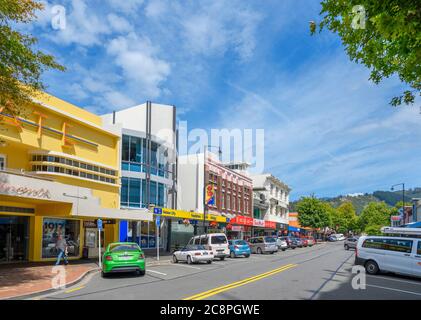 Trafalgar Street, the main street in historic downtown Nelson, New Zealand Stock Photo