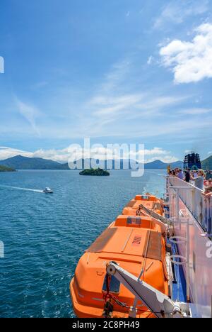 The Marlborough Sounds from the deck of the Wellington to Picton ferry, South Island, New Zealand Stock Photo