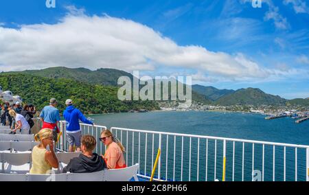 Picton harbour from the deck of the Wellington to Picton ferry, South Island, New Zealand Stock Photo