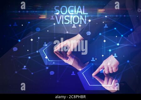 Navigating social networking with SOCIAL VISION inscription, new media concept Stock Photo