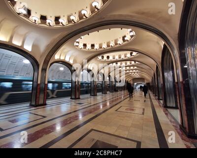 MOSCOW, Russia. Metro station Novoslobodskaya in Moscow, Russia. It is a beautiful monument of the Soviet era. Panoramic view of the Moscow subway int Stock Photo