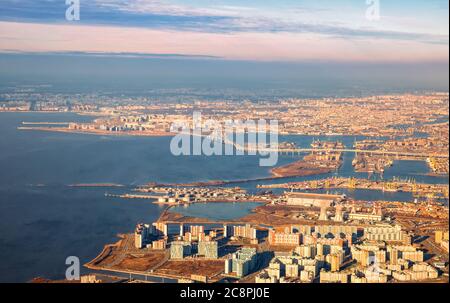 Aerial view of St. Petersburg, Neva river delta and Gulf of Finland. Vasilievsky Island with alluvial territories, WHSD expressway, Seaport, residenti Stock Photo