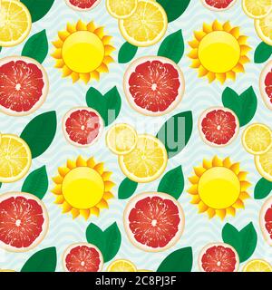 Seamless pattern with slices of lemons, grapefruits and sun. Bright yellow lemon, red grapefruit and Sun. The concept of summer, rest on a nice hot da Stock Vector
