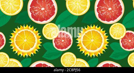 Seamless pattern with slices of lemons, grapefruits and sun. Bright yellow lemon, red grapefruit and Sun. The concept of summer, rest on a nice hot da Stock Vector