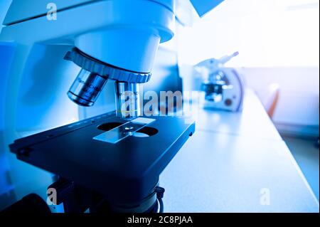 Cytological examination in the laboratory. Close - up of Microscopes in Laboratory, Selective Focus Stock Photo