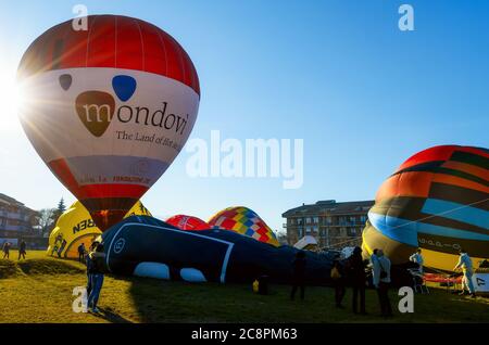 Mondovì - Italy – January 5, 2019: hot-air balloons  just before the take off during the traditional epiphany festival in Mondovì (Piedmont, Italy), o Stock Photo