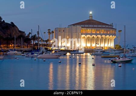 The Casino in Avalon on Catalina Island lit up at night