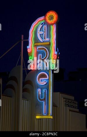 The Art Deco El Rey Theater neon sign on night, Wilshire Blvd. in Los Angeles, CA.