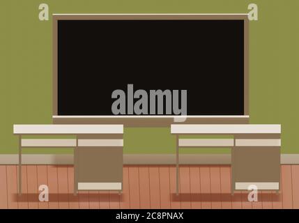 Empty black chalkboard hang on the green wall, empty school room, the end of school year. Image for copy space, bill board wood frame for add text. 3d Stock Photo