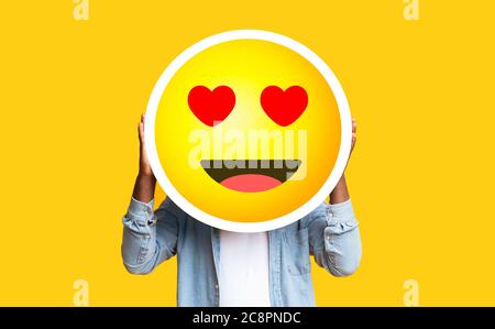 I Love Emoji. Unrecognizable Black Man Hiding Face Against Romantic ...