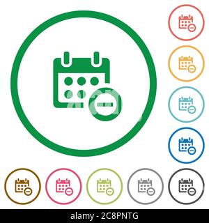 Set of Delete from calendar color round outlined flat icons on white background Stock Vector