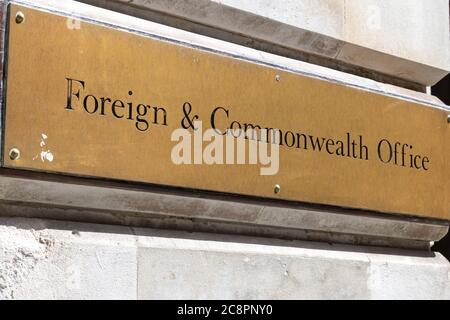 The name plate of the offices of the government department Foreign and Commonwealth office situated in Whitehall, City of Westminster, London. Stock Photo