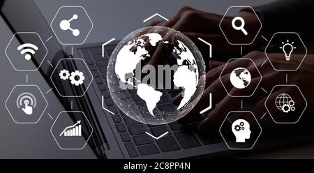 Global Business Technologies. World Globe And Different Digital Icons Over Office Work Background Stock Photo