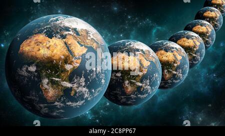 Alignment or array of many Earth planet in outer space scenery 3D rendering illustration. Multiverse or parallel universes concept. Earth textures pro Stock Photo