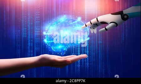 Creation Of AI. Human And Robotic Hand Touching Brain Hologram With Neuron Connections Stock Photo
