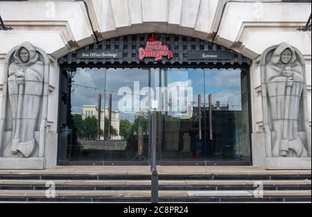 The London Dungeon located in the County Hall building by the Thames river, a tourist attraction offering macabre historical events in gallow humour. Stock Photo