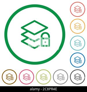 Set of locked layers color round outlined flat icons on white background Stock Vector