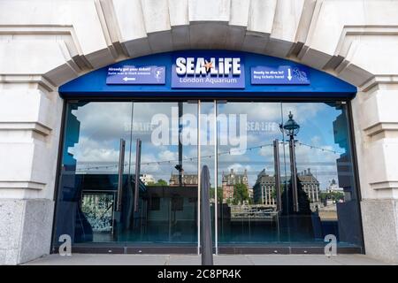 The Sea Life London Aquarium located in the County Hall building on the South Bank of the Thames river. Stock Photo