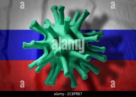 Coronavirus cell on the russian flag background with shadows. A pandemic of coronavirus in Russia concept Stock Photo