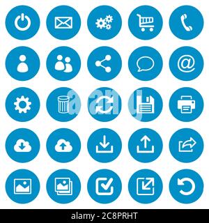 Set of 25 general flat web icons on blue round background Stock Vector