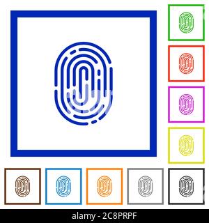 Set of color square framed fingerprint flat icons Stock Vector