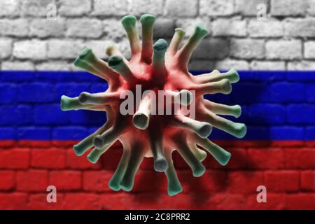 Coronavirus cell on the brick wall painted in russian flag colors background with shadows. A pandemic of coronavirus in Russia concept Stock Photo