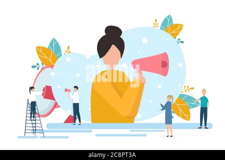 Girl Holding Loudspeaker Communicating With People Online, Illustration, White Background Stock Vector
