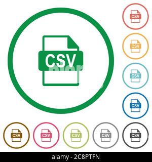 Set of CSV file format color round outlined flat icons on white background Stock Vector