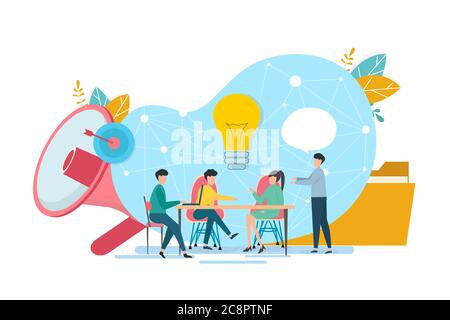 Illustration With Office People, Megaphone And Lightbulb On White Background Stock Vector