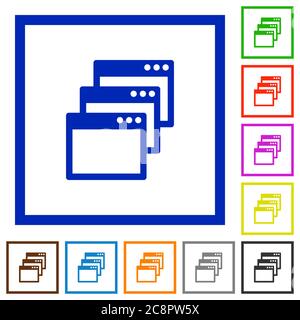 Set of color square framed Cascade window view mode flat icons Stock Vector