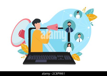 Communication Illustration, Computer User Communicating Through Laptop On White Background Stock Vector