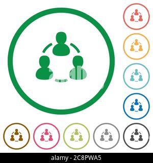 Set of connected users color round outlined flat icons on white background Stock Vector