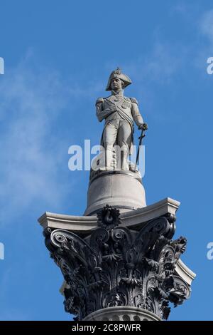 The statue of Lord Nelson on top of Nelson's Column in Trafalgar Square in the City of Westminster. Stock Photo