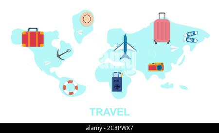 Vector illustration of Travel word on blue background Stock Vector