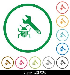 Set of Bug fixing color round outlined flat icons on white background Stock Vector