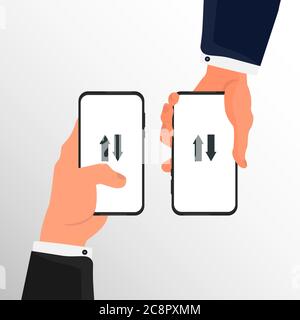 Two Businessmen Using Phones Exchanging Information Over Gray Background, Illustration Stock Vector