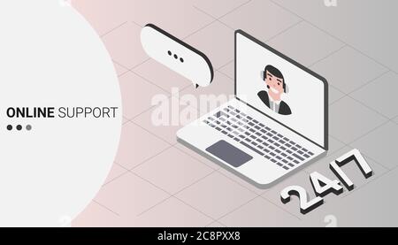 Laptop Screen With Online Support Chat Over Gray Background, Vector Stock Vector